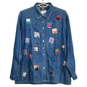 Vtg Silver Threads Womens Cats Denim Shirt 1X Long Sleeve Embroidered Cat Lover